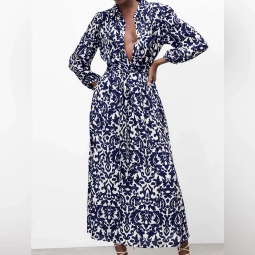 Zara Navy and White Midi Dress